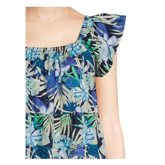 NWT New TIME TRUE Tiered Square Neck Ruffle Sleeve Palm Floral Midi Sundress XS - Picture 3 of 5